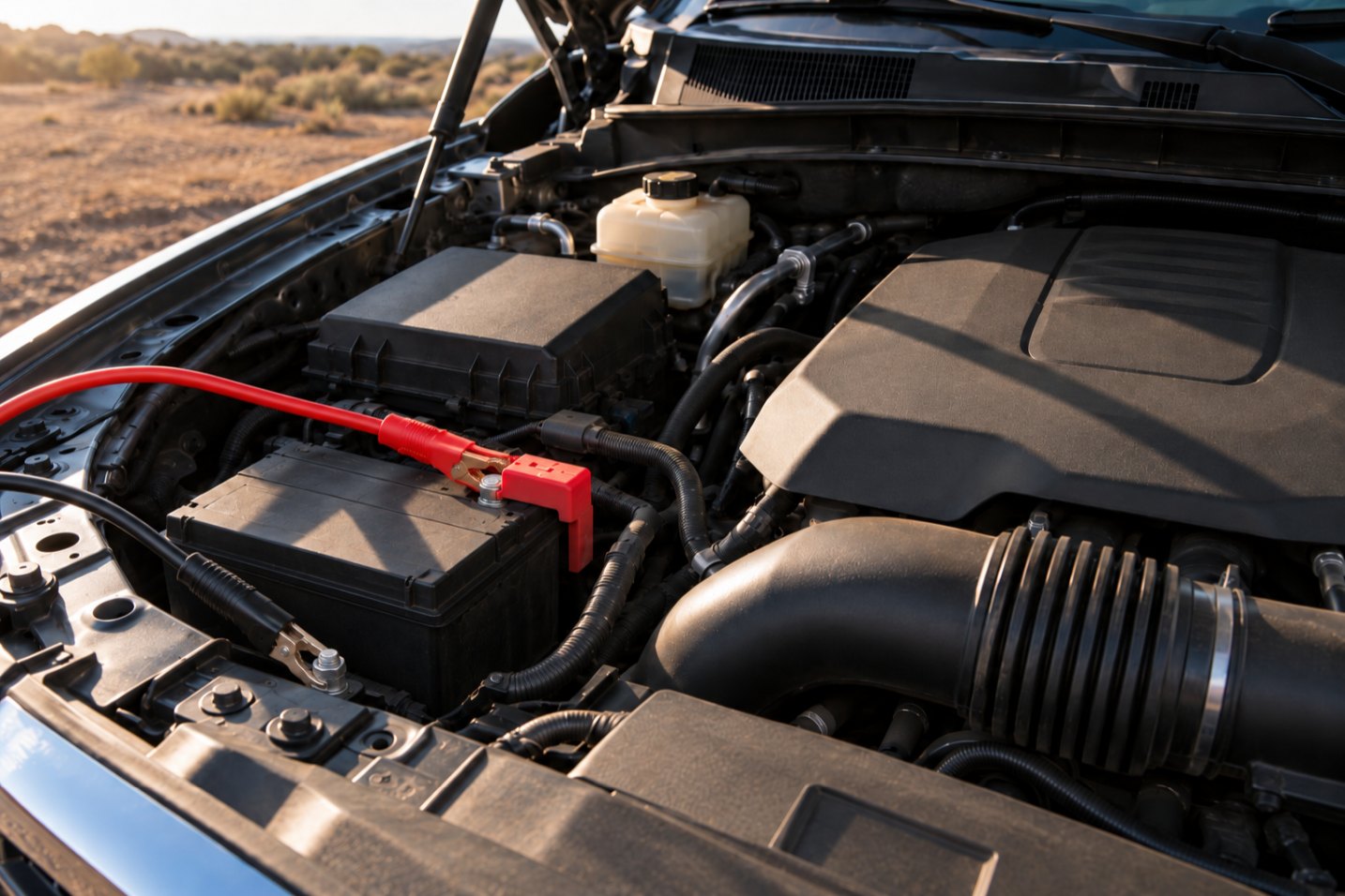 Open hood of a pickup truck at sunset, a red clamp on the battery's positive post and a black clamp on a bare metal bolt